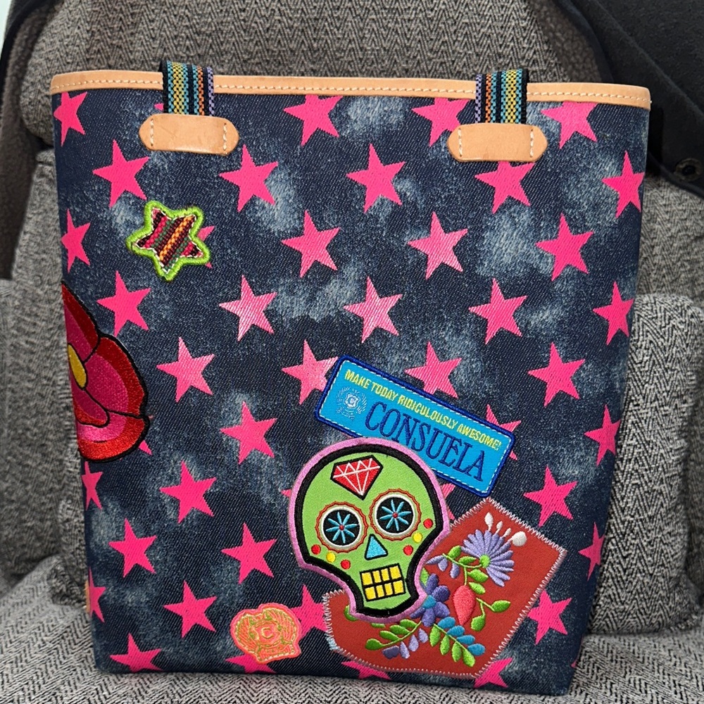 Consuela Denim Tote with Pink Stars and Colorful Patches
